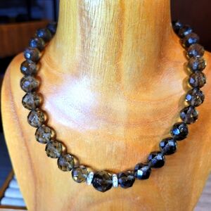 Smokey Quartz Faceted Glass Beaded Necklace w/ Rhinestone Spacers Retro Jewelry